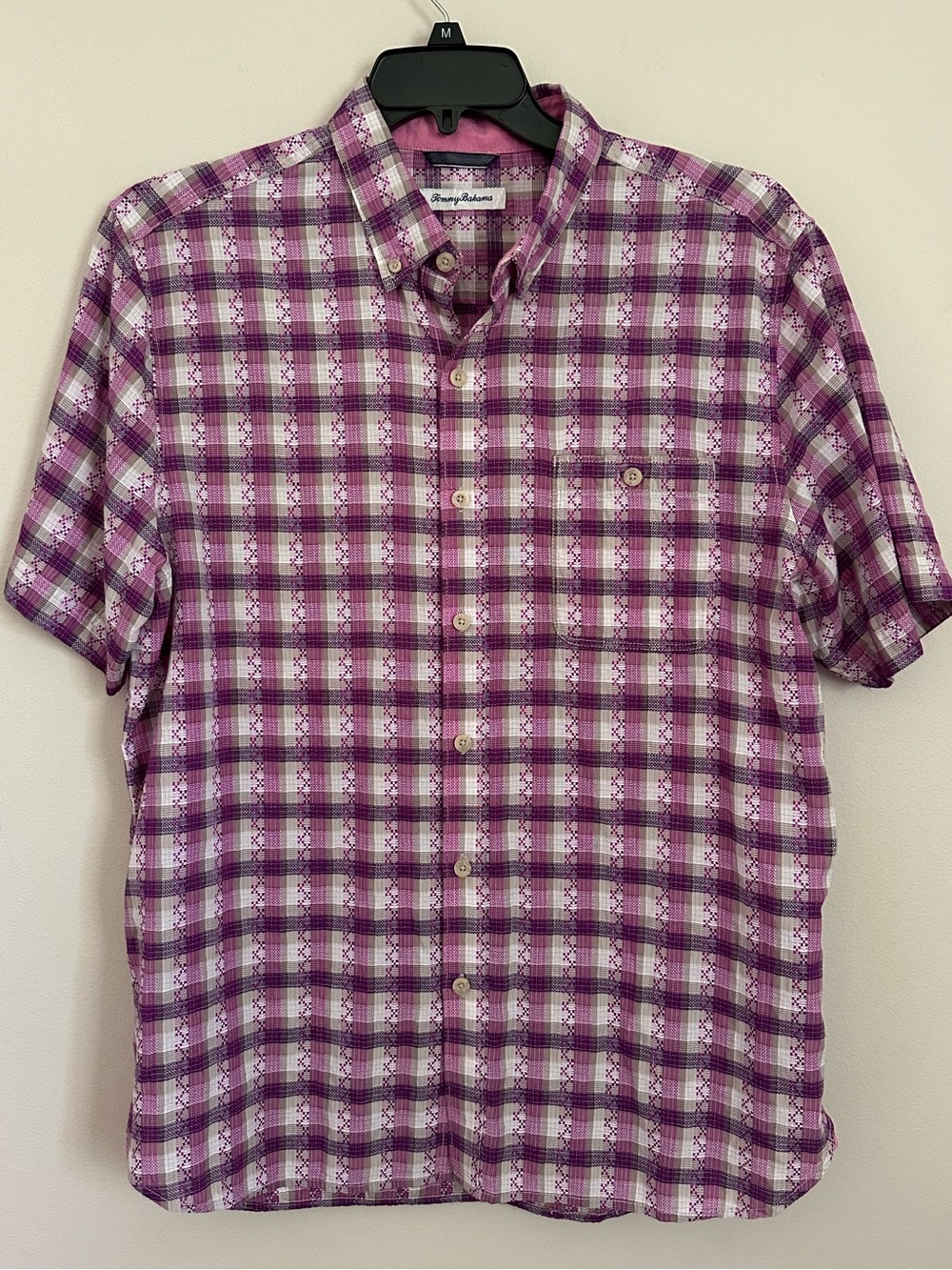 Tommy Bahama Shirt Mens Large Purple Plaid Button Up Short Sleeve Tencel Lyocell